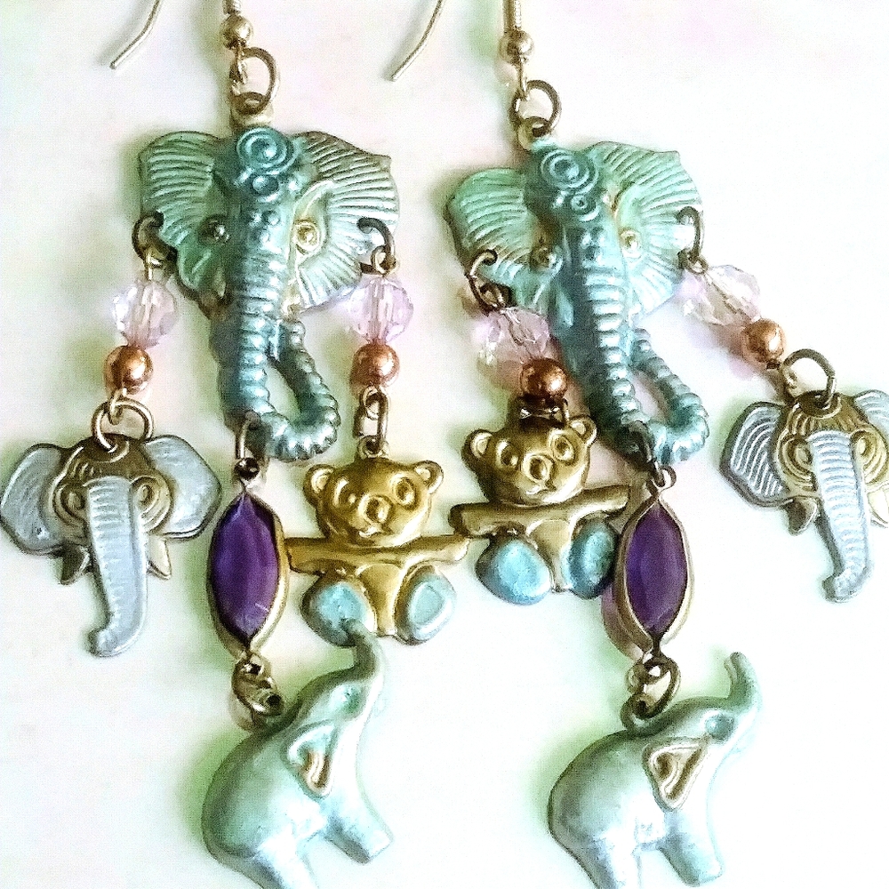 Vintage Enamel Elephant Dangle Earrings